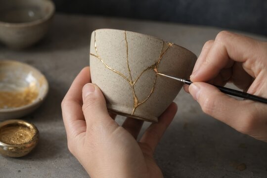 Ceramicist repairing traditional cracked Japanese tea bowl with gold lacquer using fine brush, close-up craftsmanship detail, artisan pottery restoration, warm studio lighting