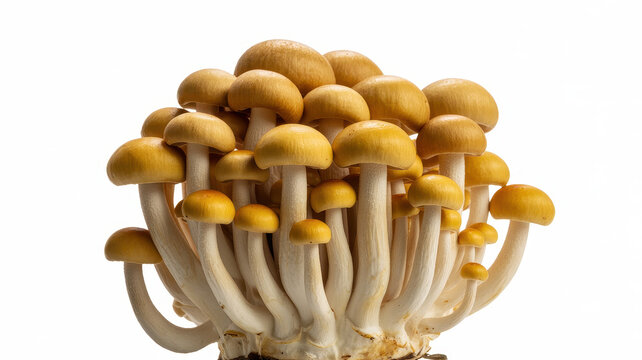 Cluster of fresh brown shimeji mushrooms with long white stems isolated on a white background