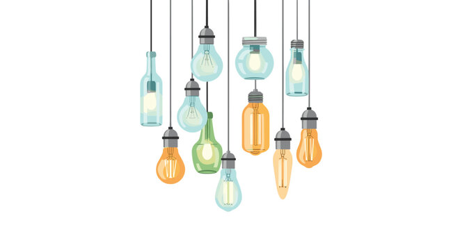A collection of various decorative light bulbs, including antique Edison styles and unique glass bottle designs, hanging from cords.