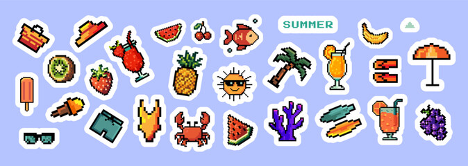 Fototapeta premium Summer sticker collection with tropical drinks,vacation icons in retro 8 bit style for summer party, social media, mobile apps, gaming, stickers, stationery, posters, branding, packaging,Vector