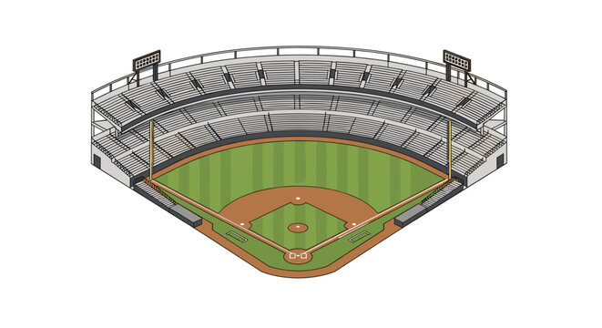 Aerial view of a baseball stadium featuring green field, tiered seating, and stadium lights against a white background.