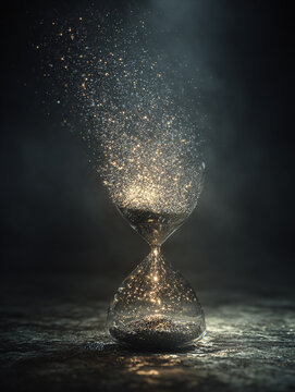 Hourglass Dissolving into Golden Particles &mdash; Time Passing, Transience, and Mortality Concept
