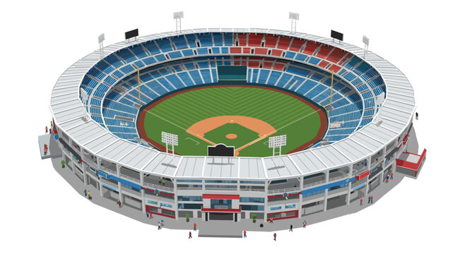 Vibrant overhead view of a large circular stadium with blue and red seating, multiple levels, and a baseball field.