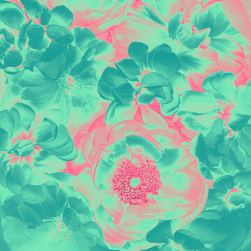 Vibrant teal and coral floral composition with ranunculus and mattiola flowers, front view, soft digital processing, layered texture, decorative abstract background