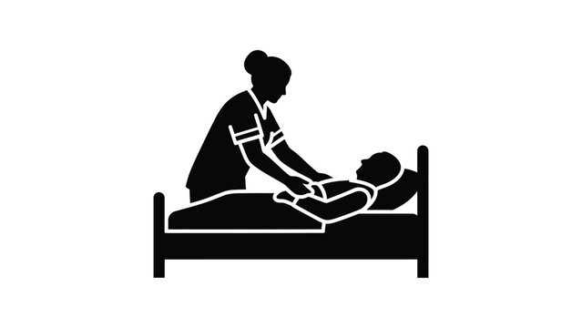 Black silhouette icon of a nurse caring for a patient in a hospital bed.