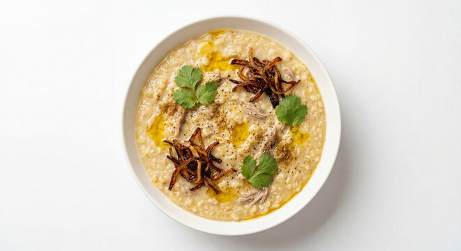Jareesh Saudi Arabian Cracked Wheat Lamb Porridge with Ghee Fried Onion Coriander and Cumin in White Bowl White Background Copy Space