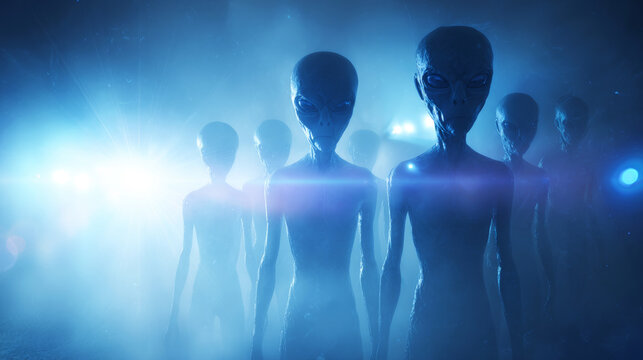 Group of grey aliens standing together, appearing in a foggy sci fi environment illuminated by glowing blue light