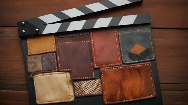 Cinema Movie Clapperboard with Brown Leather Patches on Wood Table