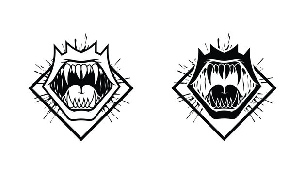 Fierce monster mouth with sharp teeth in a diamond frame outline and solid black graphic style