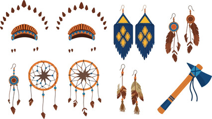 Native American accessories set dreamcatchers feather earrings headdress and tomahawk tribal ethnic vector illustration collection © sumi