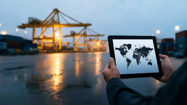 Person holding a digital tablet with a world map, monitoring global trade and freight transportation in a modern port terminal