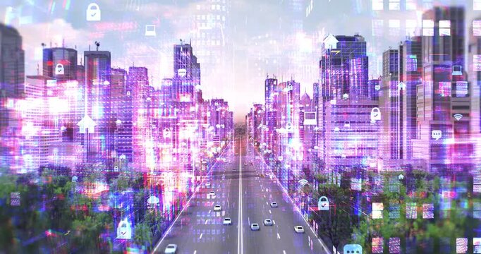 Abstract digital city with wireframe architecture and smart home symbols. Technology Related 3D Animation.