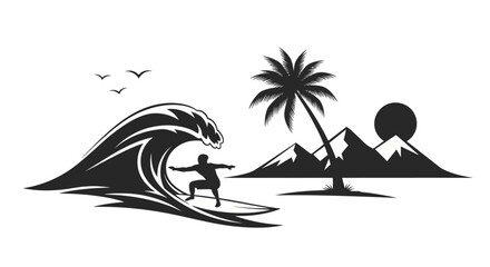 Surfer Riding Waves in Tropical Paradise with Mountains and Palm Trees © azeem
