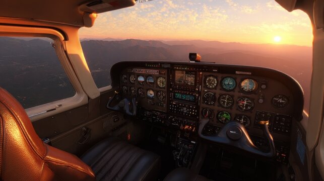 Inside a personal aircraft cockpit during a breathtaking sunset flight over mountainous terrain