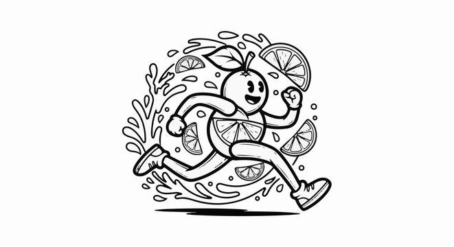 A cartoon orange character with slices of fruit is depicted running