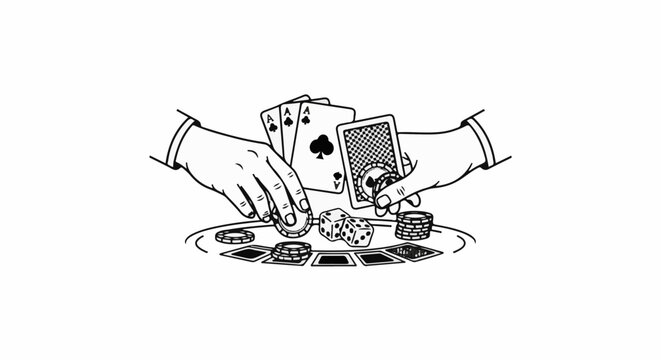Hands play cards and dice on a casino table with chips