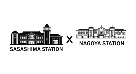 Obraz premium Two distinct railway stations, Sasashima and Nagoya, depicted in monochrome linework
