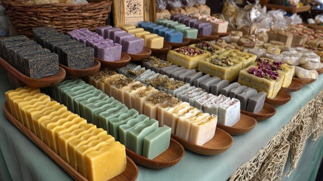 Handmade soaps gleam in warm, earthy tones