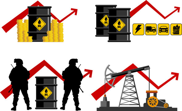 Oil Price Growth Economy Concept Set With Barrels Pump Jack Coins And Red Arrow Up &ndash; Vector Collection Set Isolated On Transparent Background
