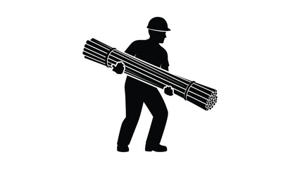 Fototapeta premium Silhouette of a construction worker carrying a bundle of metal pipes.