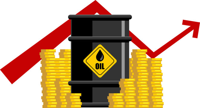 Oil Barrel With Gold Coins and Rising Arrow Showing Profit Growth - Vector Illustration Flat Design Isolated On Transparent Background