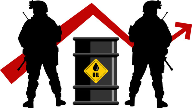 Oil Barrel With Soldiers Silhouettes and Rising Arrow Global Conflict Impact &ndash; Rising Inflation Concept Vector Illustration Flat Design Isolated On Transparent Background