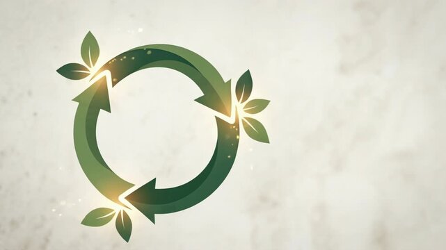 Green circular arrows with leaves create an eco symbol on a light background. Sustainability icon, recycling concept, renewable loop, environmental responsibility and corporate branding.