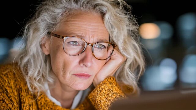Close-up of stressed or frustrated older woman with gray hair and glasses leaning on hand, looking intently at screen in dimly lit home or office at night