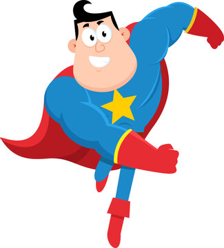 Superhero Cartoon Character Flying Forward In Action Pose &ndash; Vector Illustration Flat Design Isolated On Transparent Background