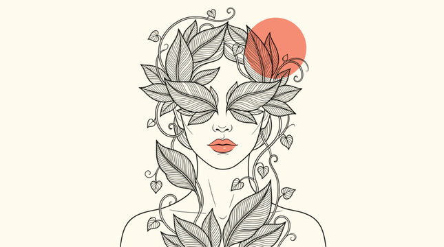 Artistic line drawing of a woman with leafy botanical hair and red lips, symbolizing nature, beauty, femininity, creativity, and organic elegance.