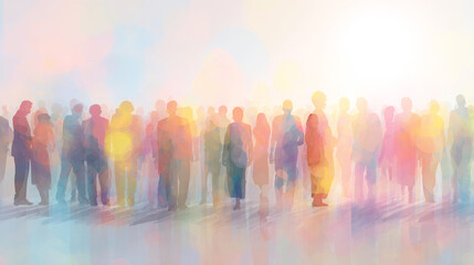 Fototapeta premium Diverse colorful crowd of translucent human silhouettes creating abstract bokeh light and blend in a vibrant community