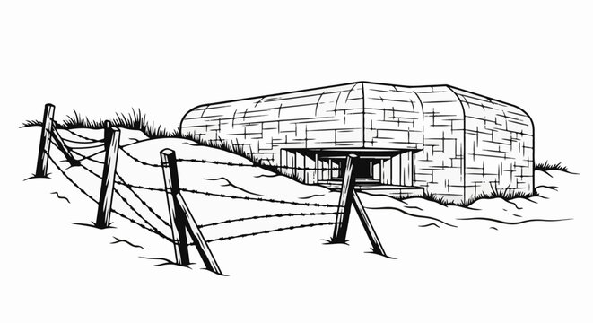 A stark, hand-drawn military bunker with barbed wire entrenchment