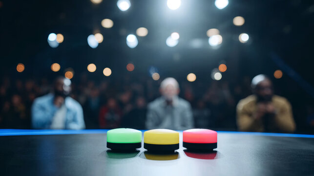 Colorful game show buzzers glowing on studio table with blurred contestants waiting to answer