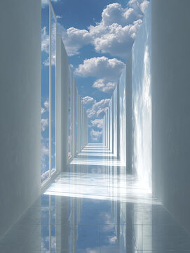 infinite White Corridor Opening to Blue Sky and Clouds &mdash; Freedom, Spirituality, and Endless Possibility Concept