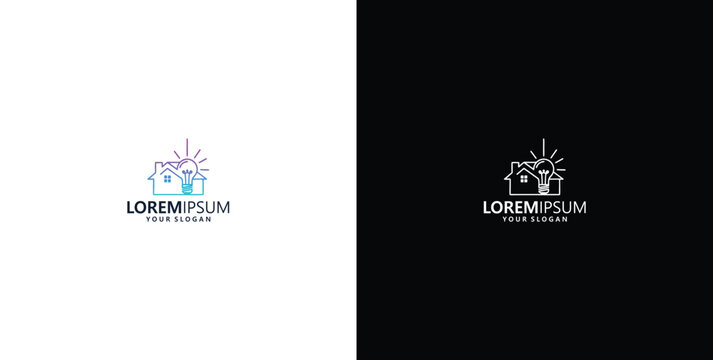 creative design logo of house and light bulb, line art logo, building icon line logo