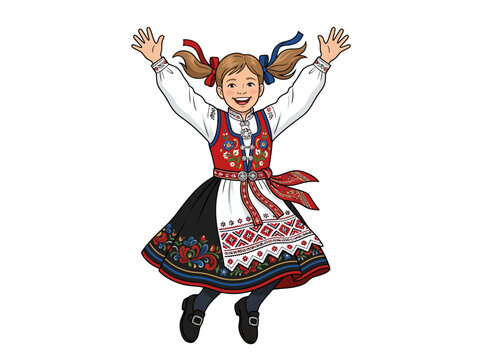 Joyful illustration of a young girl in a traditional Norwegian bunad, celebrating with arms raised, embodying Scandinavian cultural heritage and festive spirit
