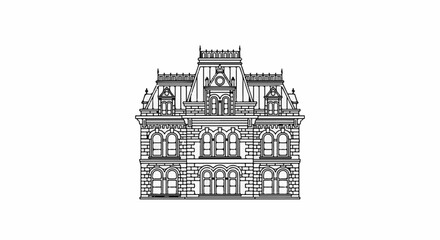 Obraz premium Ornate Victorian mansion with mansard roof, stone facade, and many arched windows