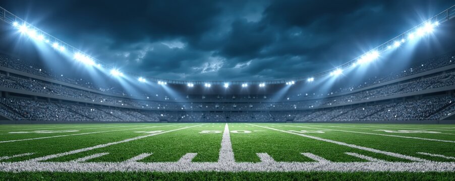 A brightly lit, empty American football stadium under a dramatic cloudy sky, showcasing a vibrant green field with marked yard lines.