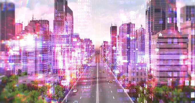 Modern city street with digital overlay of internet and security icons. Technology Related 3D Animation.