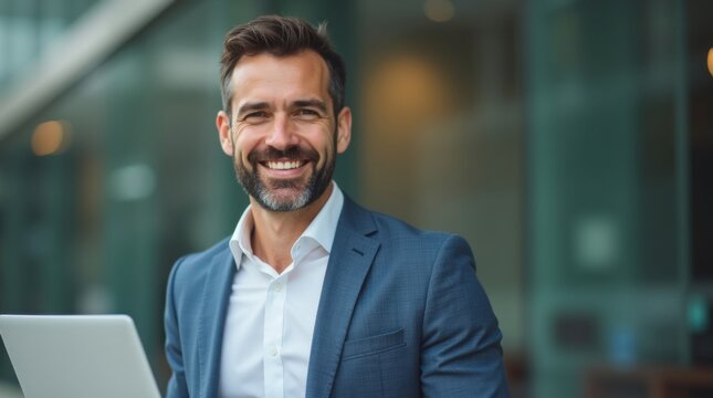 Empresario seguro de s&iacute; mismo con port&aacute;til y traje elegante