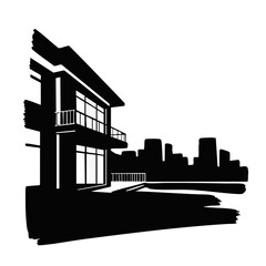 Obraz premium Modern house silhouette vector illustration. City skyline background. Minimalist architectural design element. Isolated on transparent background