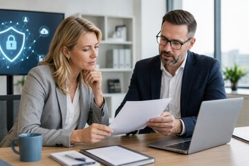 Obraz premium Serious professional man and woman reviewing documents together at wooden desk in bright modern office with digital security shield background, collaborative business meeting concept