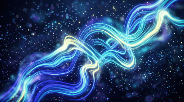 Bright and colorful lines move in waves across a dark background
