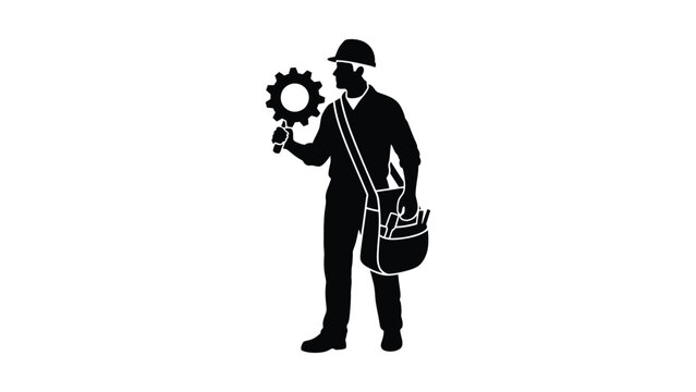 Silhouette of a construction worker holding a gear and a tool bag.