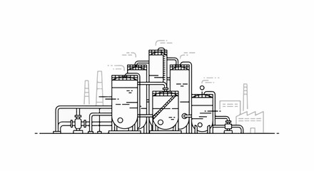 Naklejka premium Minimalist factory with tanks, pipes, and smokestacks