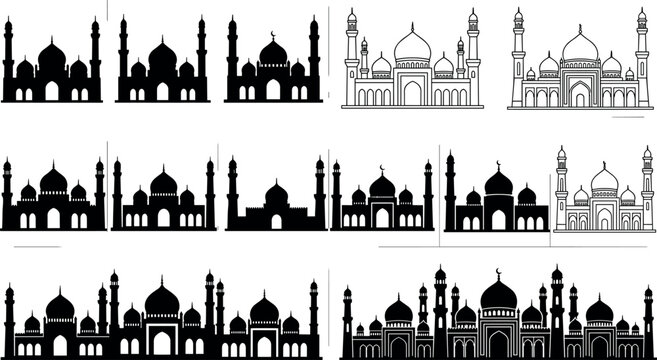 Set of mosque silhouette and line art icons for Ramadan Kareem and Islamic holiday design projectsSet of mosque silhouette and line art icons for Ramadan Kareem and Islamic holiday design projects