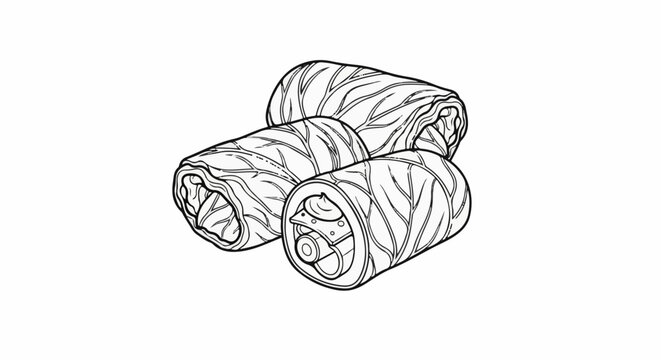 Stylized line art of three cabbage rolls, one cut open revealing filling