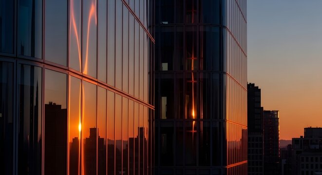 Glass skyscraper reflecting sunset during golden hour, creating a warm, orange glow on the facade