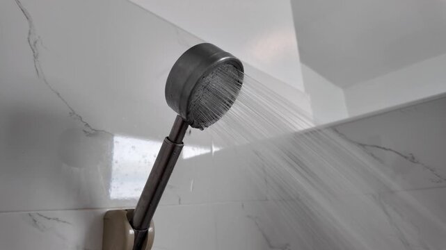 A close-up photograph of a modern stainless steel handheld showerhead with water coming out of it, installed in a tiled bathroom.
