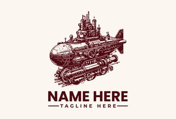 Steampunk airship vector illustration template. © vectorvovdesign